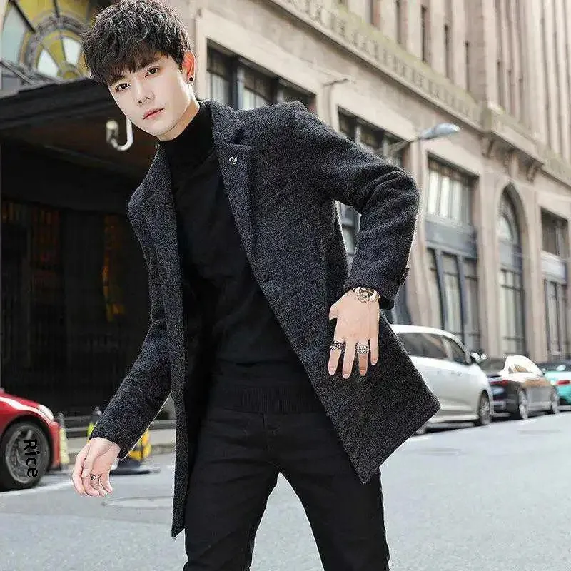 Autumn Winter Men's Woolen Jacket Korean Style Trendy Cropped Lapel Jacket Thickened Small Windbreaker For Cold Weather