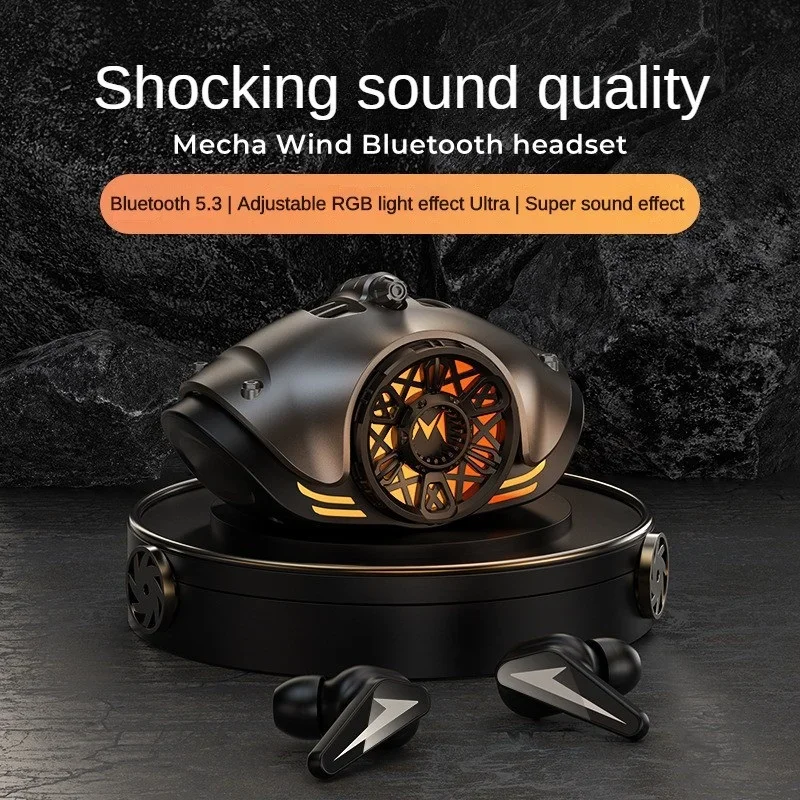

2022 New Metal Mech Shape Wireless Headset Bluetooth 5.3+GBR Light Effect+Super Sound+ENC Call Noise Canceling Game Earphone Tws