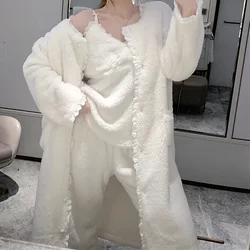 Winter Coral Fleece 3PCS Pajamas Set Women Sleepwear Flannel Long Sleeve Top Trouser Sleep Suit Casual Pyjamas Home Clothes