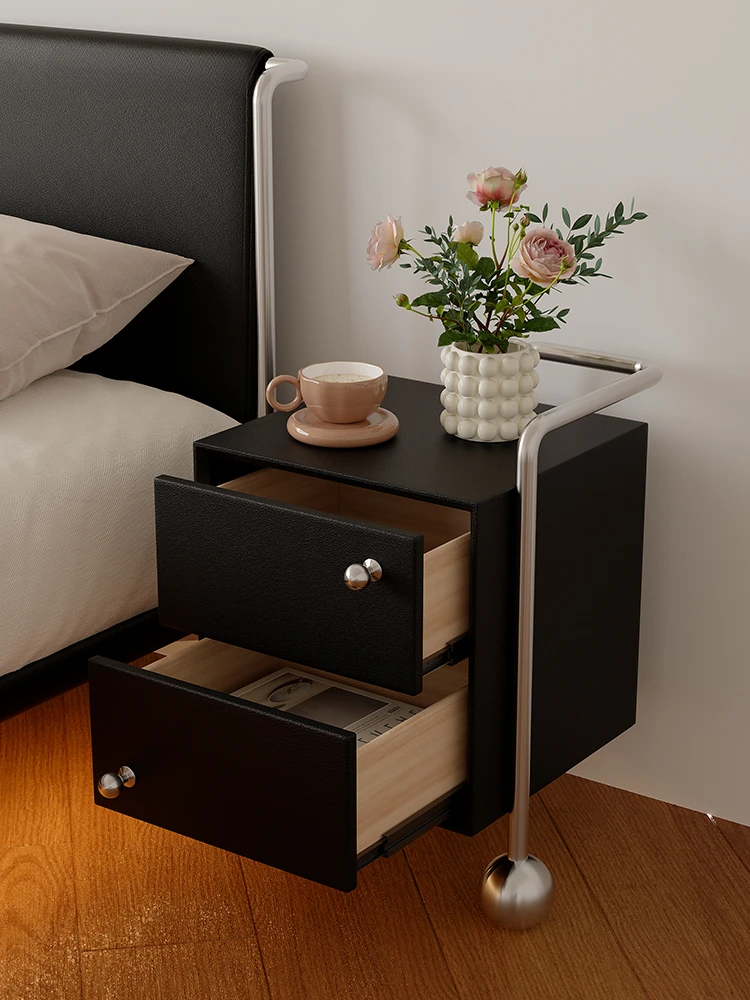 Italian PU Leather Wood Minimalist Bedside Table Stainless Steel Storage Cabinet Nightstands Mesa De Cabeceira Furniture HYNS