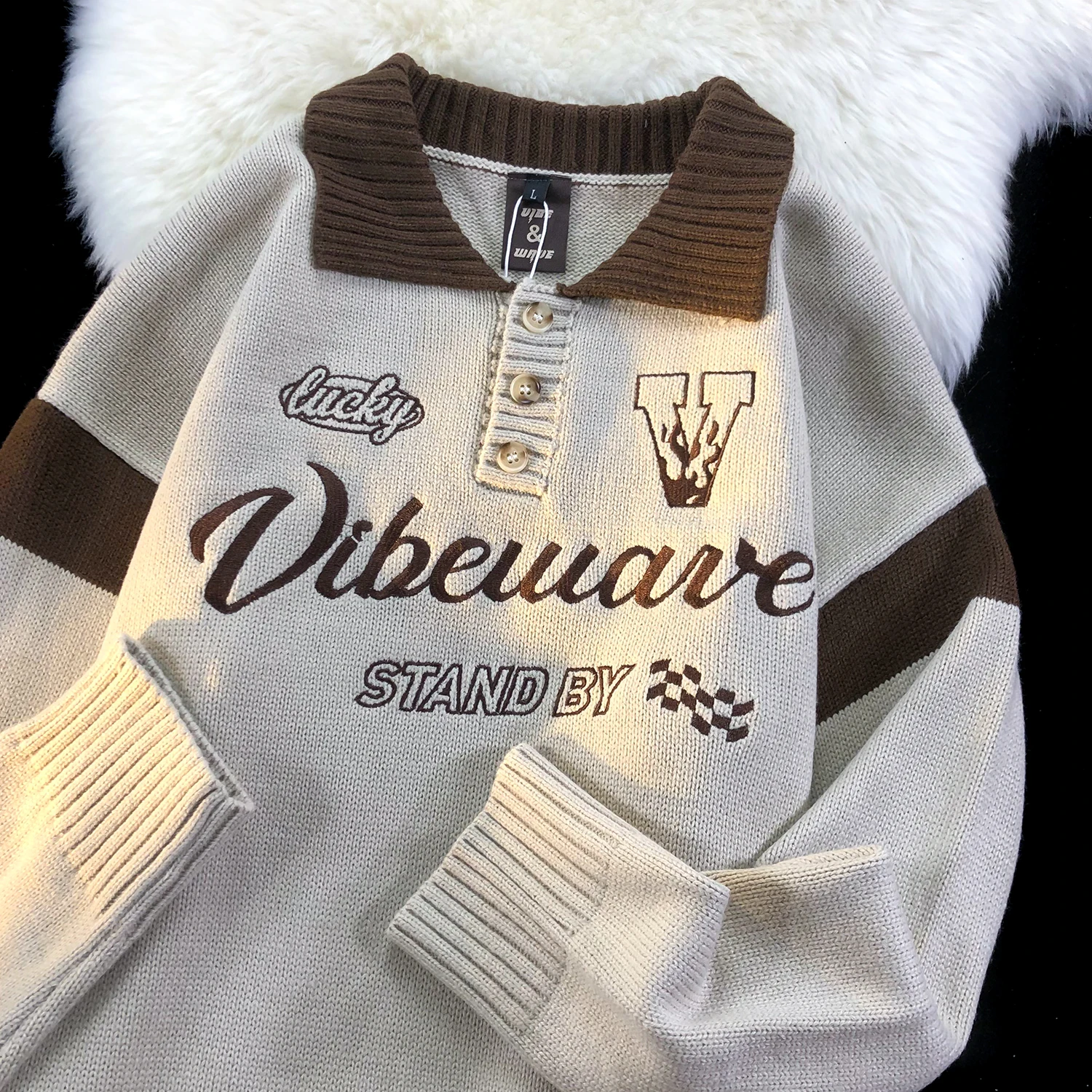 

2022 Winter Loose Knitted POLO Shirt Vintage Badge Embroidery Sweater Men Oversized Sweatshirt Winter American Hip Hop Clothes