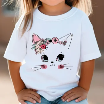 Summer Kids T Shirt Flower Cat Graphic Shirt Girls Floral Kitty Tops White Short Sleeve Wild Tee Cute Animal Cartoon Cat T-shirt 1