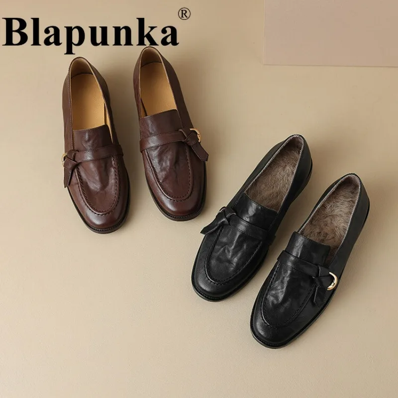 

Blapunka Real Leather Loafers Woman Handmade High Quality Slip-ons Flat Shoes Ladies Lovely Bow-tie Metal Loafer Spring Brown 41