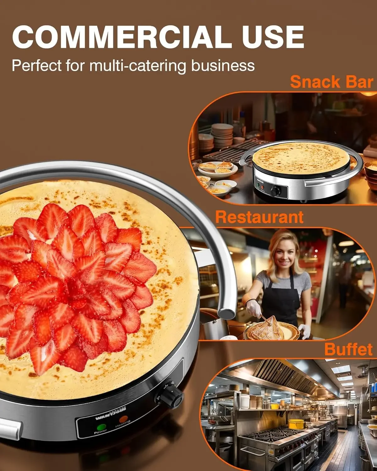 Commercial Electric Crepe Maker 16 Inch 110V Non-Stick 1700W Electric Crepe Machine Adjustable Temperature Control 403 Stainless 5