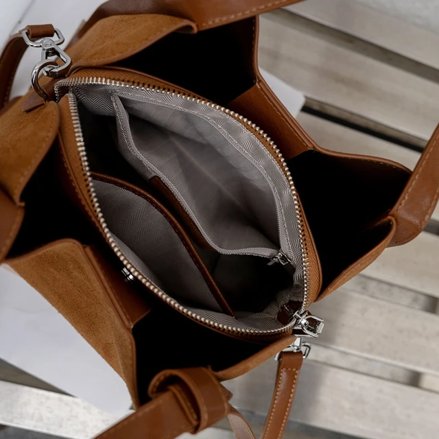 BURMINSA Genuine Leather Suede Bucket Shoulder Bag For Women Luxury Patchwork Top Handle Handbags Vintage Office Crossbody Purse 6