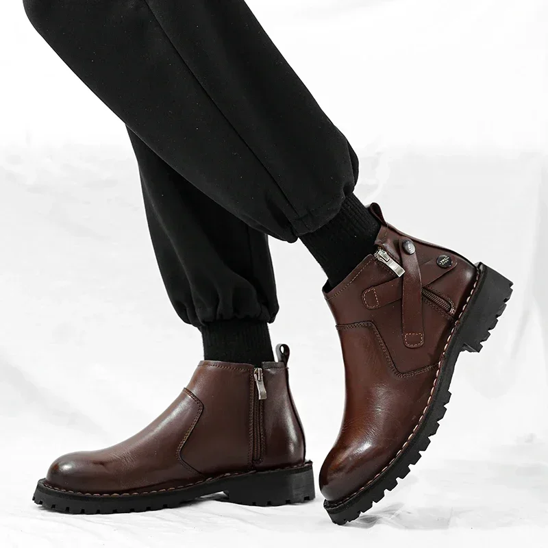 

2023 High Quality Shoes for Man Zip Men's Boots Fashion Round Toe Men Leather Casual Shoes Hot Sale Square Heel Ankle Boots