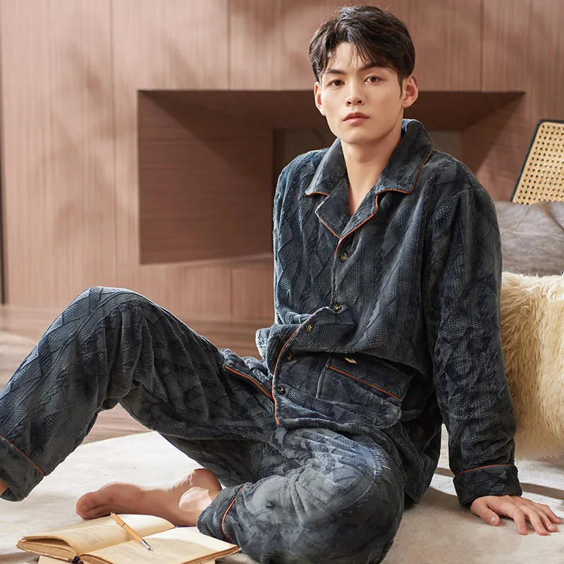 Thick Velvet Coral Fleece Pajamas Men Warm Flannel Jacquard Long-Sleeved Autumn And Winter Home Service Suit Pyjamas Male M-XXXL