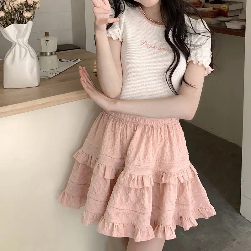 

HOUZHOU Kawaii Mini Skirt Women Japanese Fashion Cute Pink High Waist Summer Ruffle Patchwork A-line Lolita Skirt for Girls