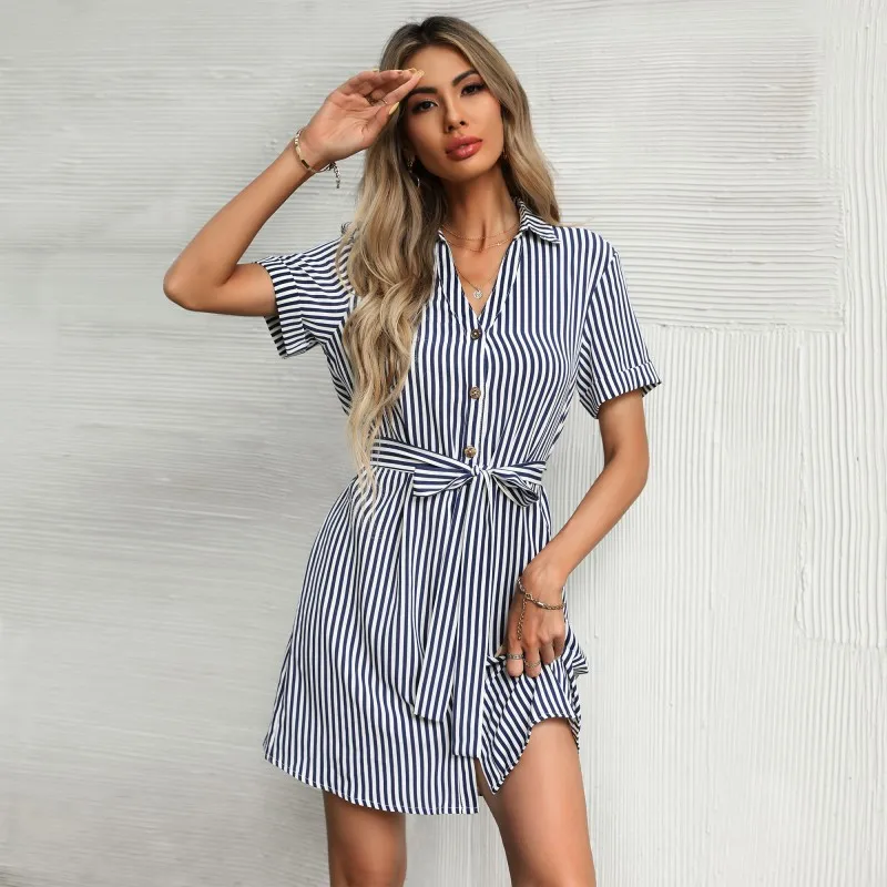 Syiwidii Shirts Dresses for Women Blouse Turn-down Collar Office Lady Straight Sashes Mini Harajuku Summer Vintage Clothing 2022 party dresses