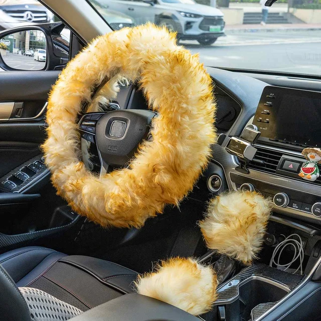 5 Pcs Fluffy Steering Wheel Covers Set Cute Furry Wool Car Accessories Decoration with Handbrake Cover,Gear Shift,Shoulder Guard Cover,Universal 15