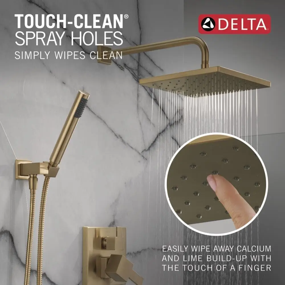 Delta Faucet Modern Raincan 2-Setting Square Shower System Including Rain Shower Head and Handheld Spray Gold 5