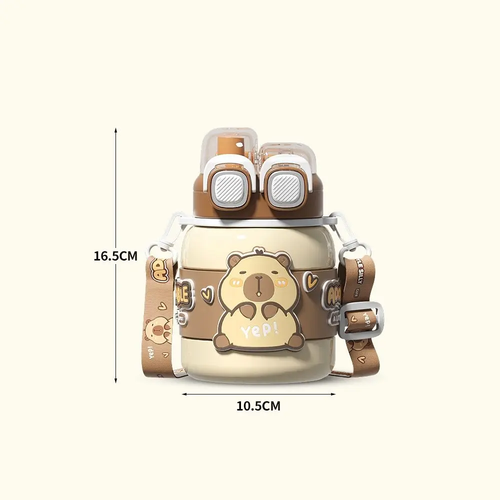 Stainless Steel Capybara Insulated Cup with Crossbody 500/620ML Large Capacity Thermos Vacuum Straw Cup for Student