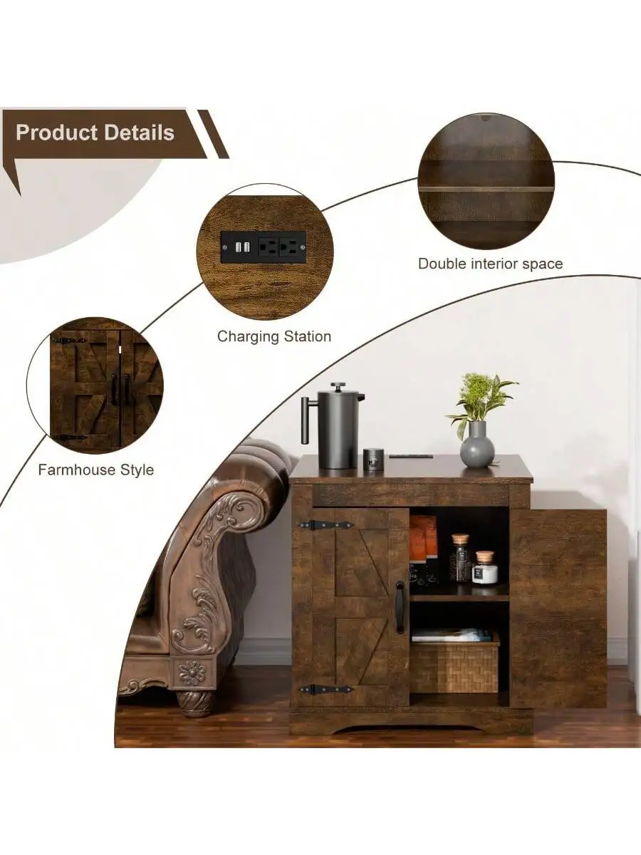 Farmhouse End Table Sofa Side Table with Charging Station 24" Large Wood Square Nightstand with Doors Modern Storage Cab 6