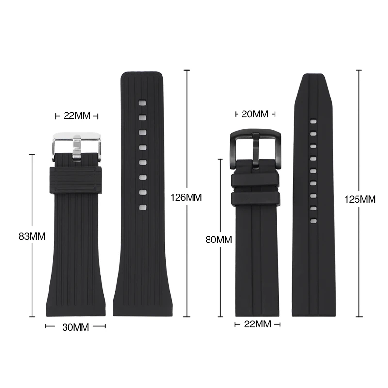 Large Black Silicone Sport Strap with Stainless Steel Buckle - Waterproof Rubber Watch Band