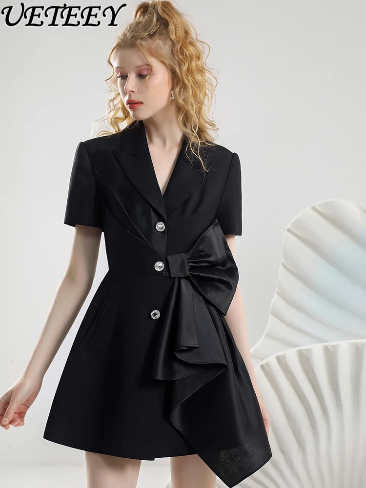 

Senior Designer Niche Temperament Short Sleeve Suit Dress Women Summer 2024 New Commuter Irregular Stitching Bow Black Dresses