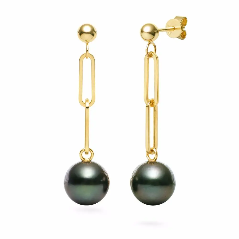 

AAA Round 9.2MM Black Tahitian Saltwater Pearl Earrings 14K Yellow Gold,1.5"