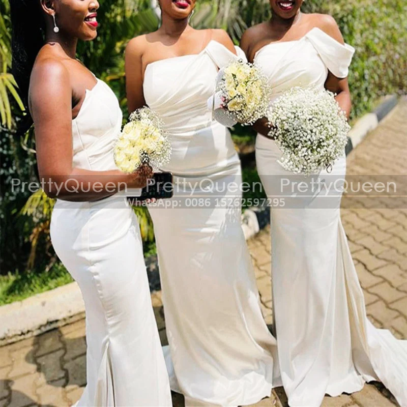 

White Trumpet Bridesmaid Dresses Mermaid Plus Size Women Long Sweep Train Off Shoulder Wedding Guest Party Dress