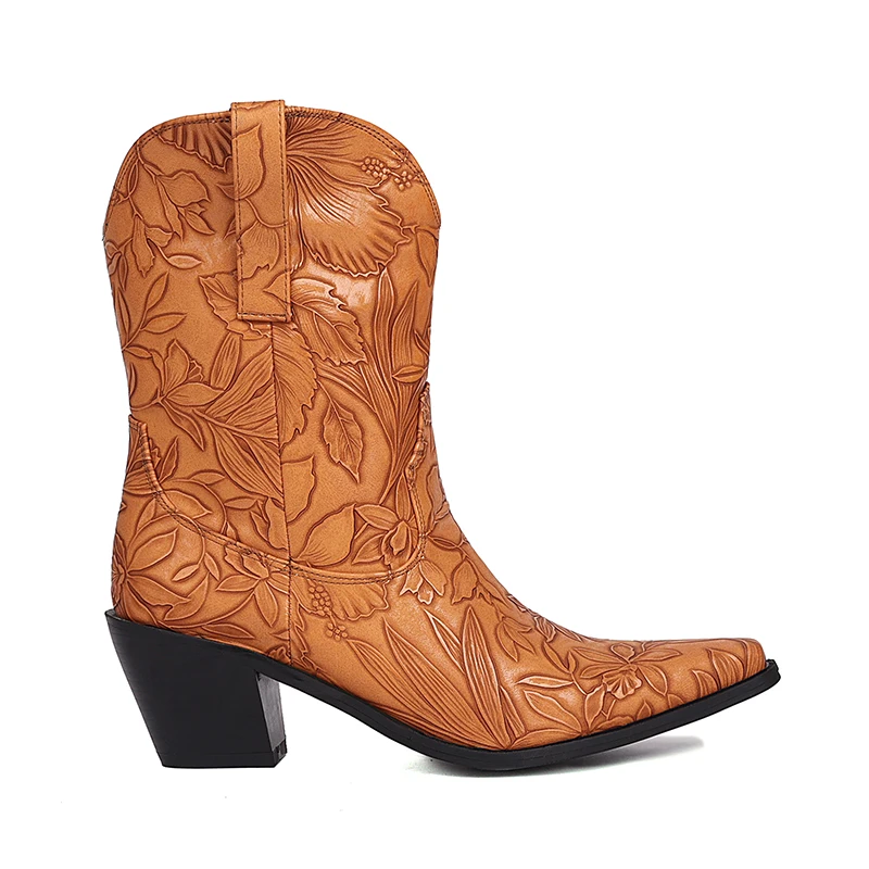 Kcenid Fashion Women Ankle Boots Flower Embroidery Chunky Heels Western Chelsea Boots Pointed Toe Plus Size Autumn Winter Shoes