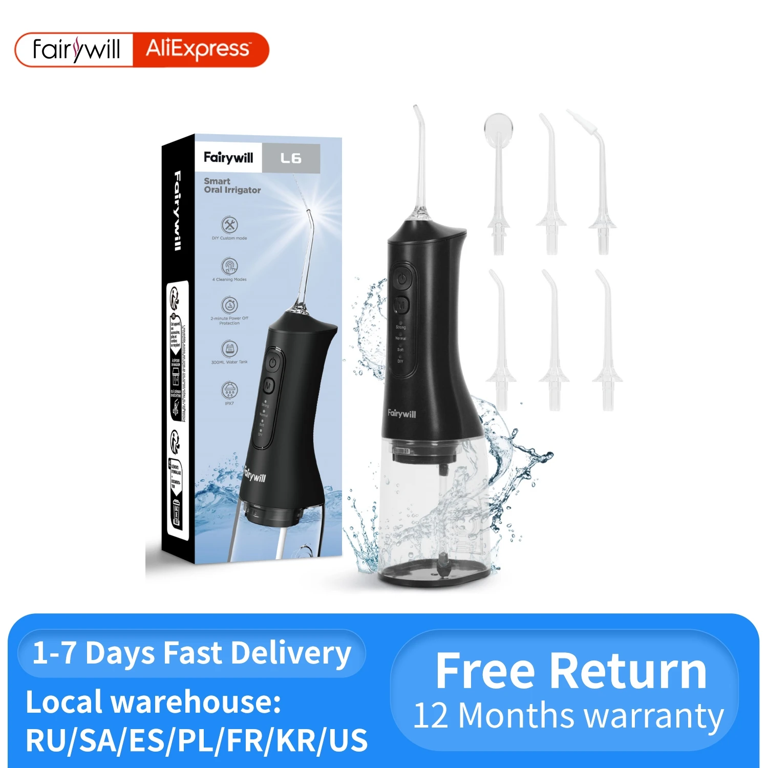 Oral Irrigator Water Flosser Fairywill USB Portable Oral Irrigator Water Flosser Dental Water Teeth Whitening 300ML 6 Nozzles Mouth Oral Cleaning For Braces