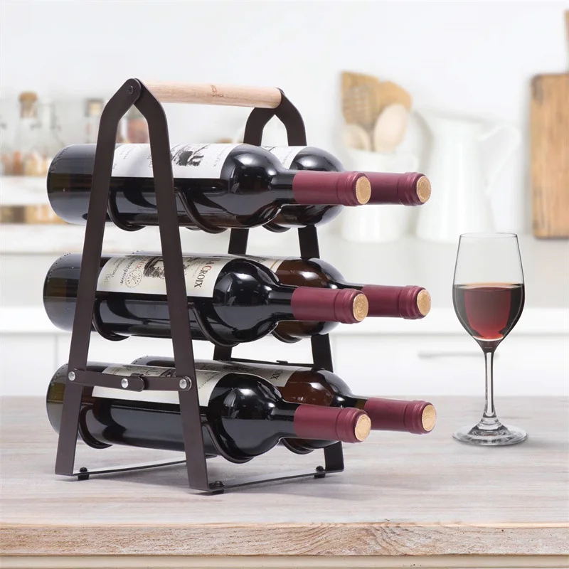 Desktop Wine Rack Wine Storage Rack Creative Iron Wood Combined with Foldable Bottle Holder Kitchen Tools