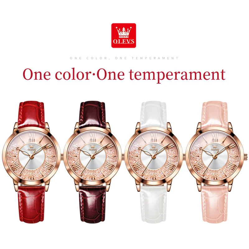 OLEVS New Luxury High Quality Fashion Women Watch Stylish Crystal Dial Red Leather Ladies Quartz Watch Girls Relogio Feminino