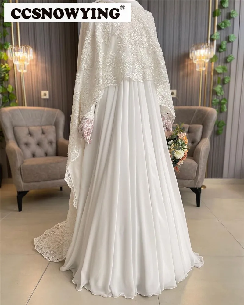 

Elegant Muslim Hijab Wedding Dress with Cape Long Sleeve Arabic Dubai Bride Gown Chiffon Appliques High Neck Vestidos De Novia