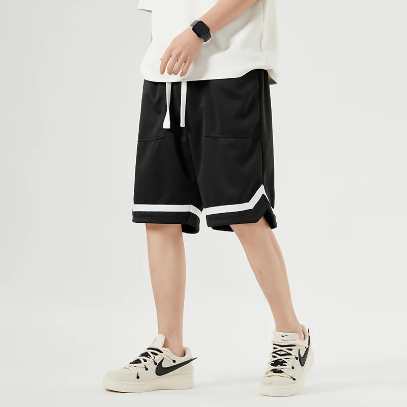 American Style Summer Men Elastic Waist Large Pocket Solid Color Patchwork Pants Striped Loose Lively Casual All-match Shorts