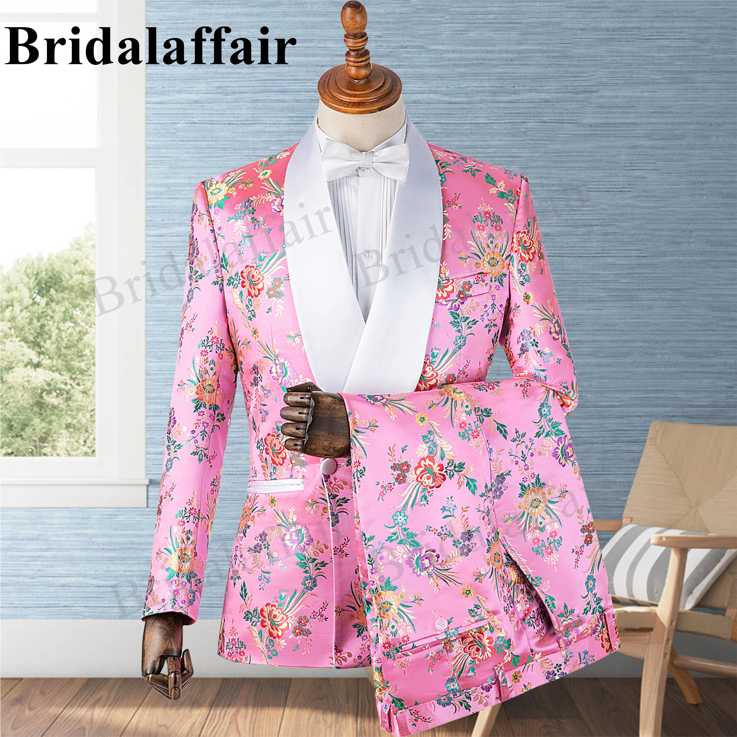 Bridalaffair Mens Pink Suits Wedding Suits Tuxedo for Men 2pcs Blazer Coat Pant Set Slim Fit Printed Shawl Lapel Costume Homme