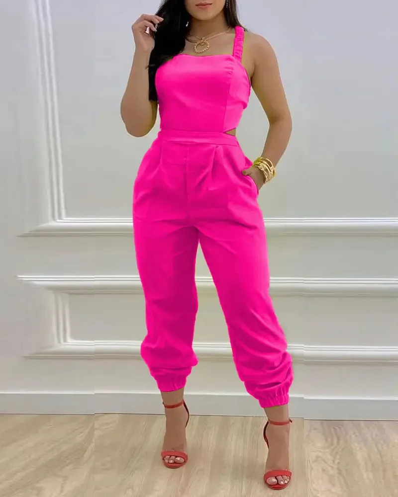 Woman Summer Sleeveless Long Jumpsuits Women Fashion Casual Printing Neck Sleeveless Hollowed-out Backless Rompers Playsuits New