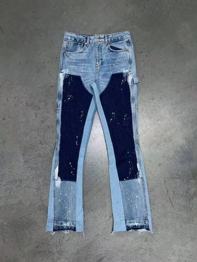 American retro design sense furred edge micro flared jeans men Y2k dark pants new low waist splicing elastic floor length pants 6
