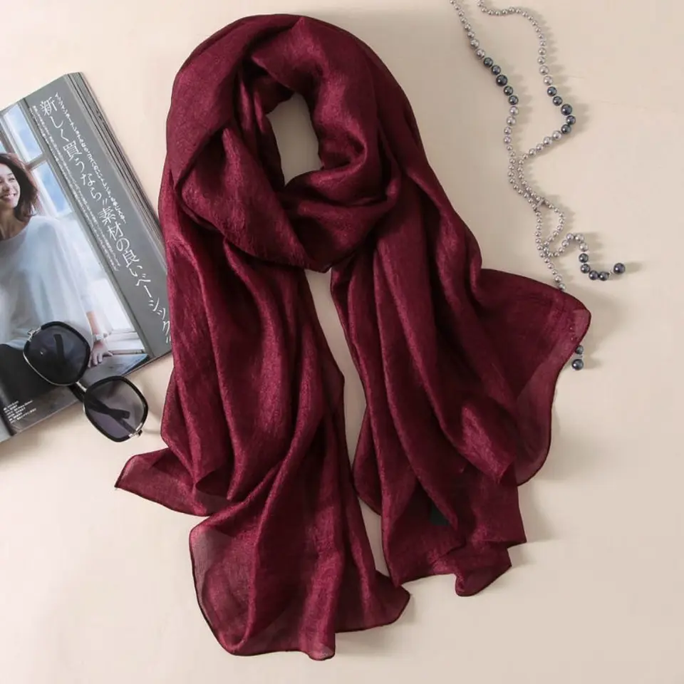 Sciarpa Lunga Donna Tinta Unita In Misto Cotone, Sciarpa Grande Retrò Elegante, Scialle Leggero, Foulard Hijab, Colore Rosso Vino