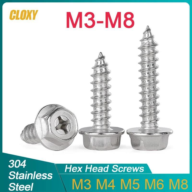304 Stainless Steel M3 M4 M5 M6 M8 Phillips Cross Driving Hexagon Hex Head Flange Self Tapping Screws With Washer