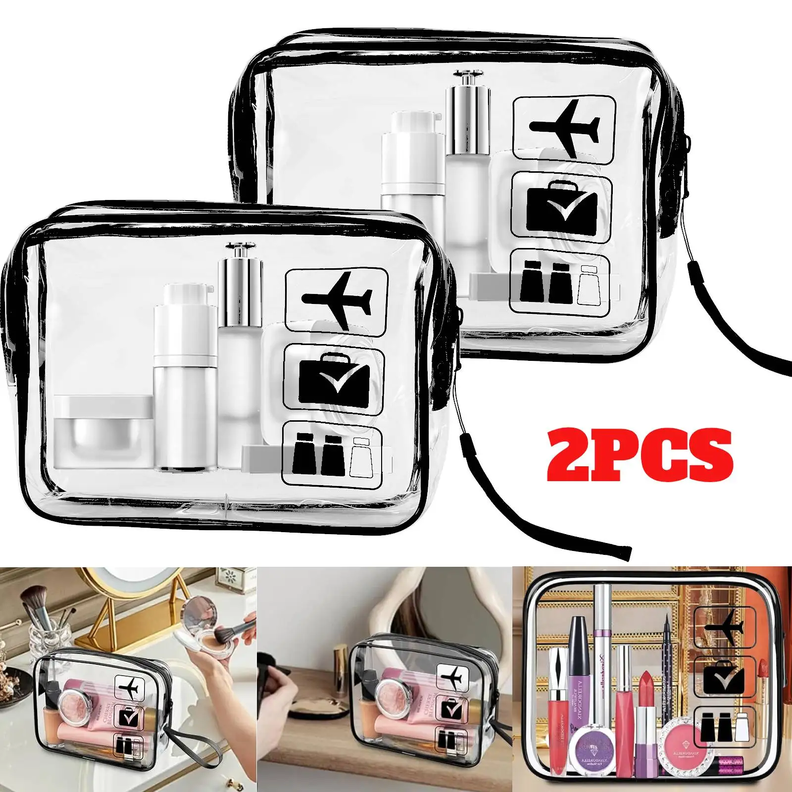 2PCS Clear Travel Toiletries Bag, TSA Approved Clear Plastic Pouch Meets Airport Security Liquids Bags Requirements for Carry-On