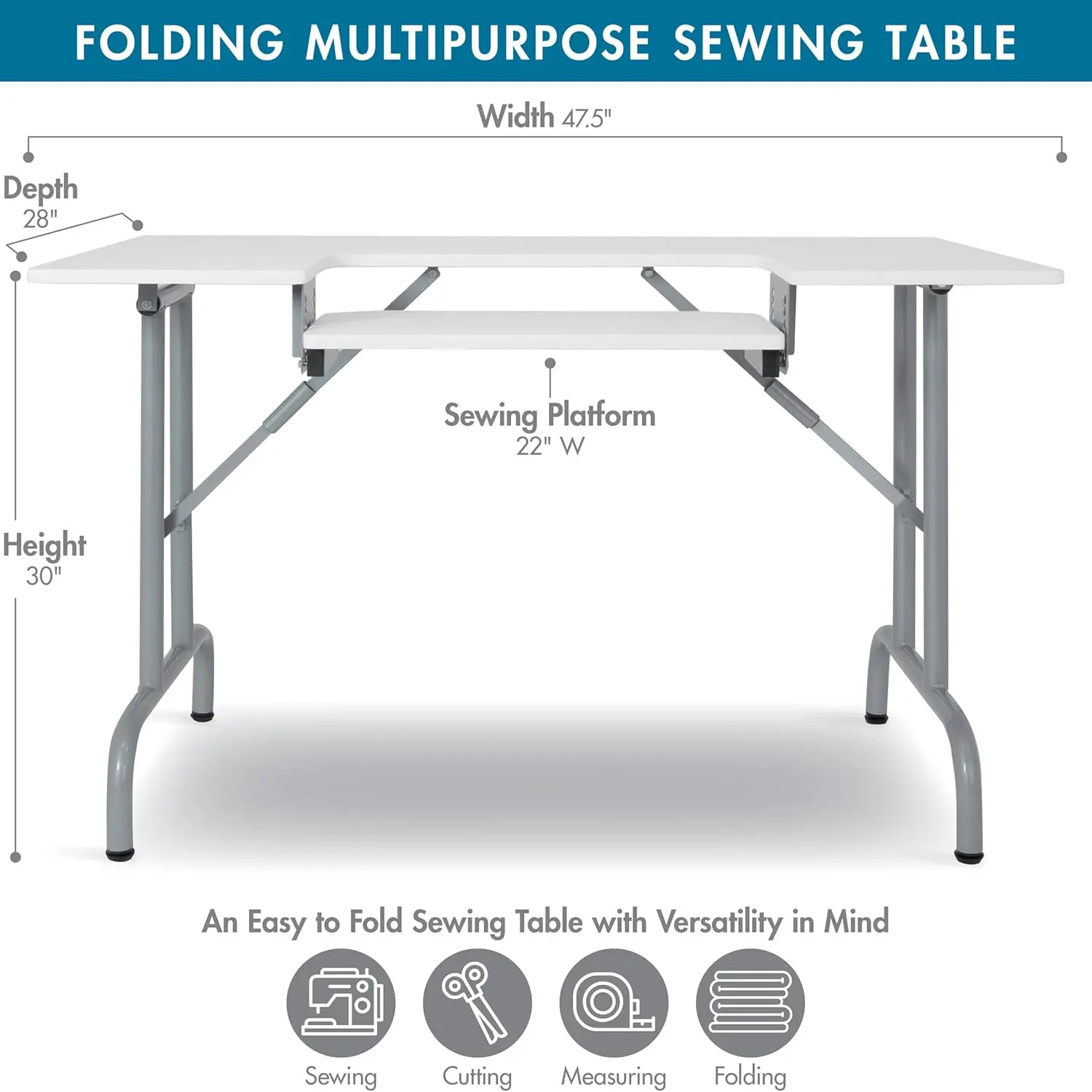 Sew Ready Folding Multipurpose Sewing Table - 47.5"" W X 28"" D Foldable White Hobby And Sewing Machine Table With Adjustable 3