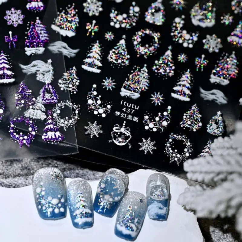 Christmas Embossed Nails Art Stickers Dreamy Castle Christmas Tree Snowflake Self-Adhesive Manicure Decals Nail Decoration