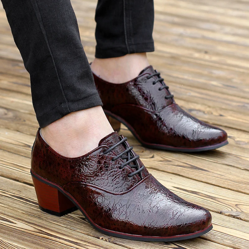 

High Heel Men Wedding Shoes Fashion Pointed Lace Up Men Derby Formal Business Leather Dance Shoes Zapatos Hombre