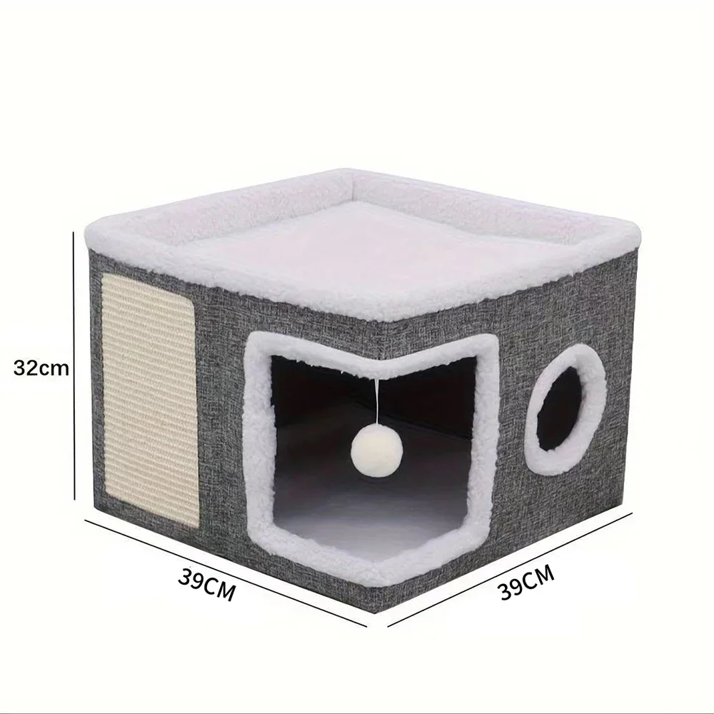 4-Season Multi-Level Cat House Foldable Scratching Board & Non-Slip Bed Cats Base Big Capacity  Pet Bed Cat Cave Cat Accessories