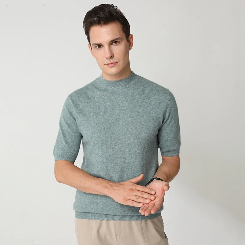 

100 Goat Cashmere T-shirt Men's Half High Collar Pullover Vest Spring and Autumn New Knitting Short Sleeve Solid Color