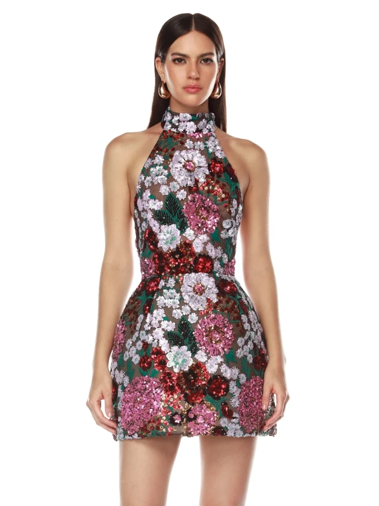 green emerald velvet dress Embroidered Halter Neck Dress  tayfunkaba