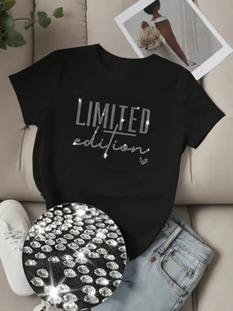 Summer Fashion Sparkling Glitter Rhinestone T-Shirt Short Sleeve Top Shiny Bling Women's Casual Wear 1