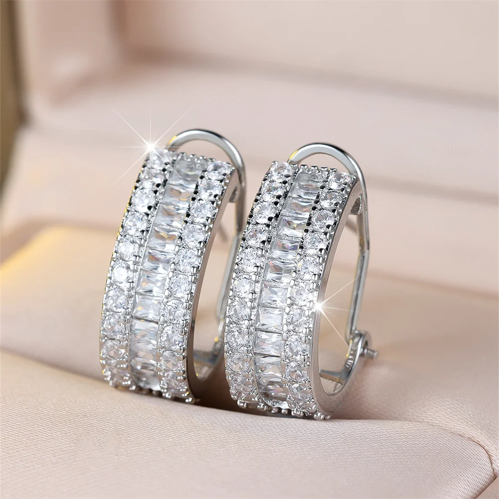 Single Row White Zircon Square Stone Hoop Earrings For Women Vintage Trendy Silver Color Ear Buckle Wedding Jewelry Bridal Gifts