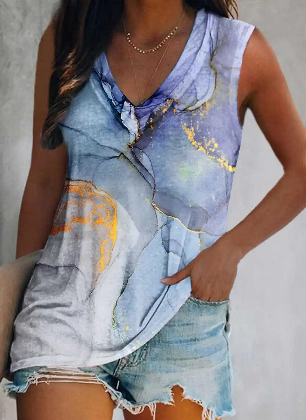 Women Tank Tops Summer Color Rendering 3D Print Oversized V-Neck Vest Off Shoulder Sleeveless