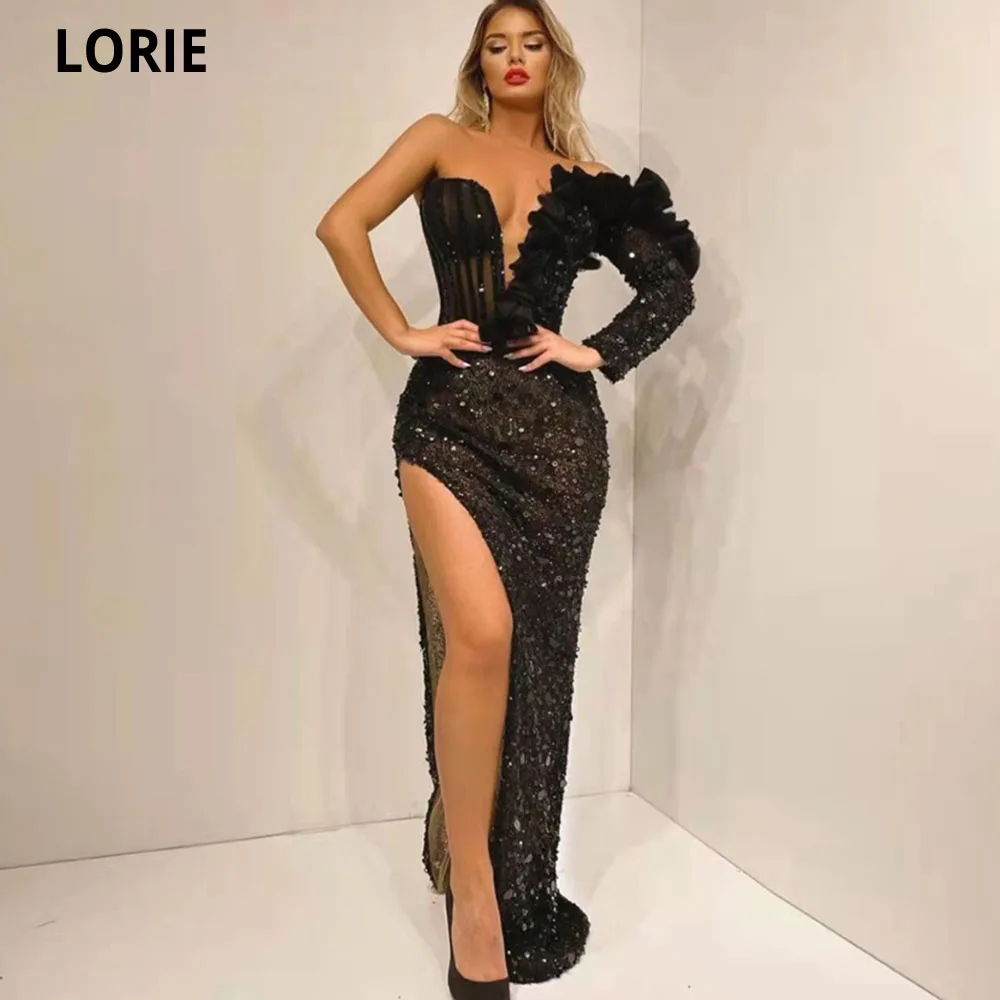 

LORIE Черное вечернее платье с разрезом, с одним рукавом, блестящее женское платье с драпировкой из Дубая, одежда для вечеринки