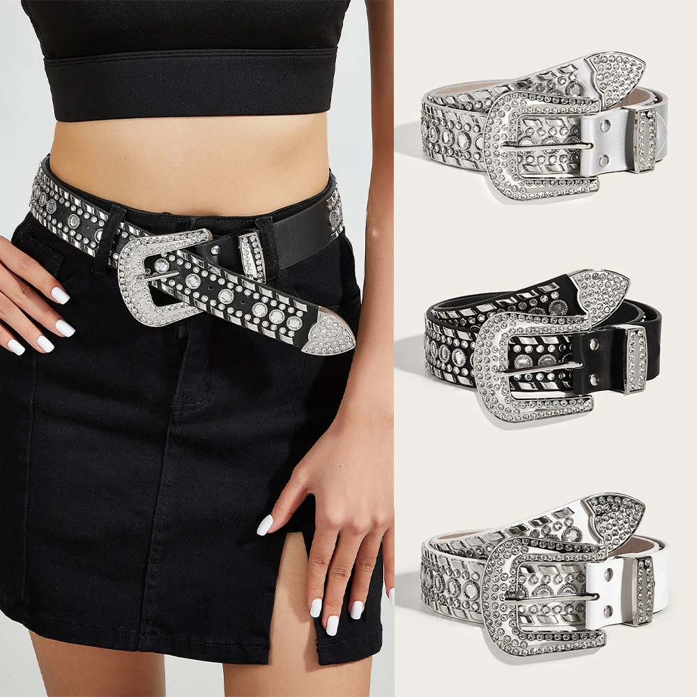 Women Rhinestone Waist Belt Gothic Leather Western Cowboy Fashion Waistband Y2k Adjustable Ladies Jeans Belts Accessories