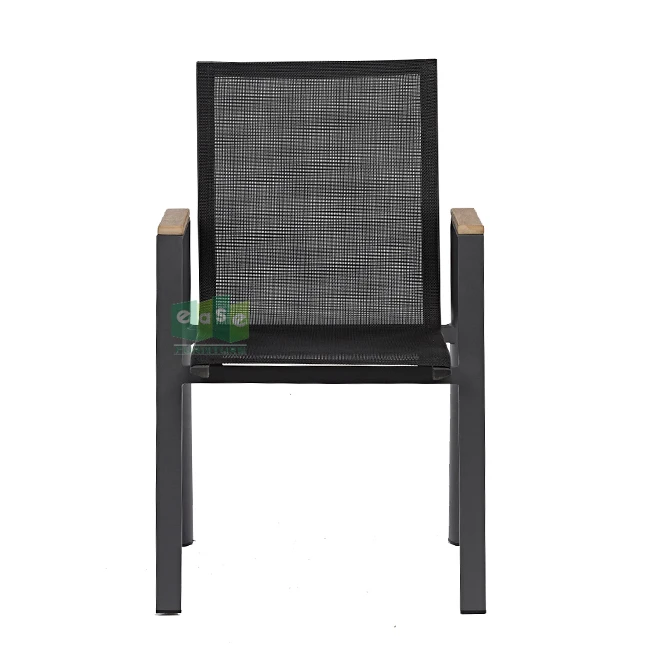 (E3042) Aluminum Metal Black Stackable Outdoor Patio Cafe Dining Chairs with Teak Armrests