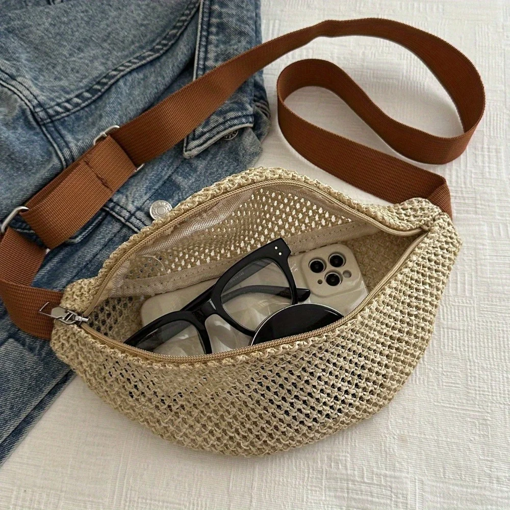 Womens Stylish Woven Chest Bag - Light Brown, Breathable Crossbody Phone Pouch, Versatile Waist Pack for Beach, Sports & Outings