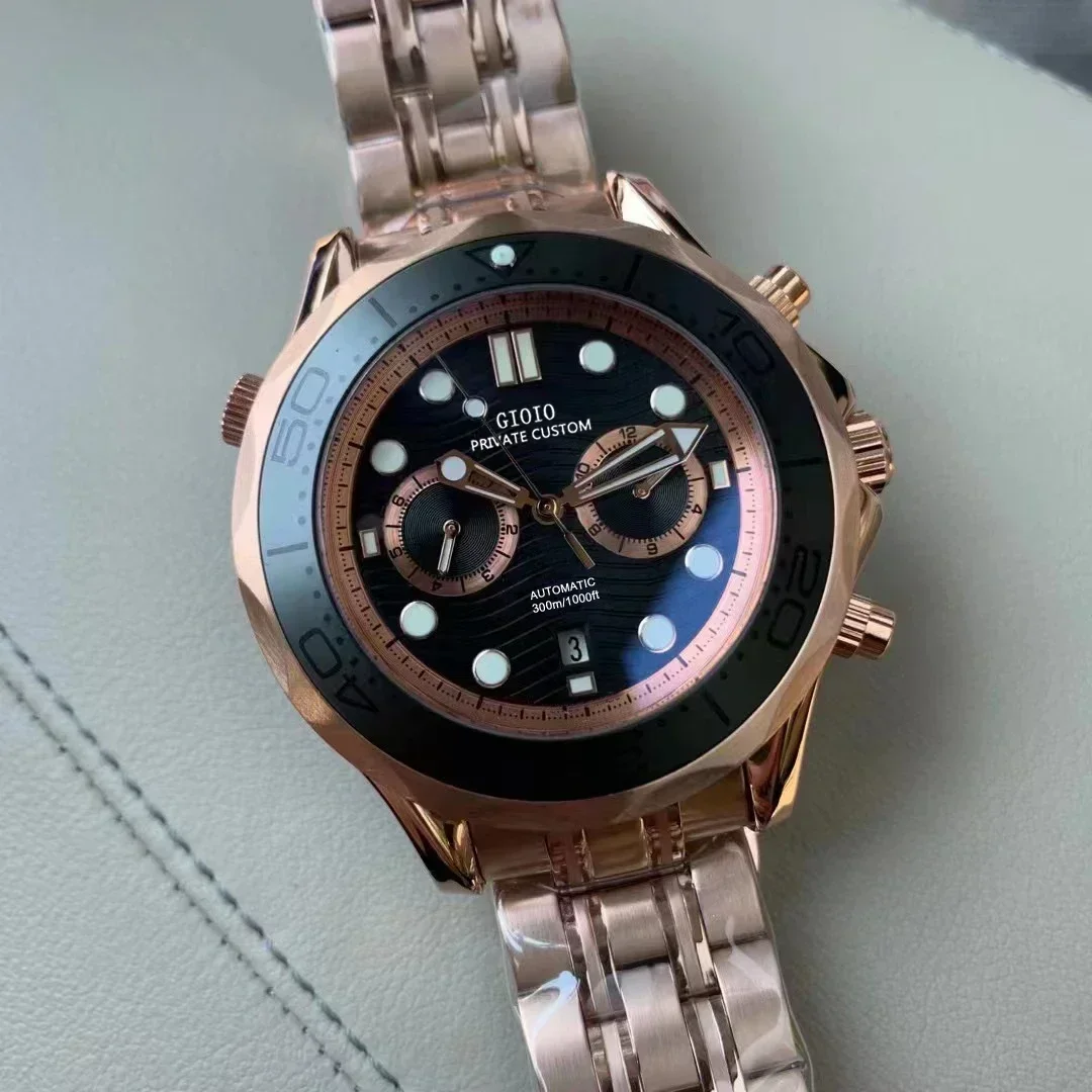 

Роскошные Новые автоматические часы для мужчин, механические часы из нержавеющей стали, черные, резиновые, розовое золото, 45 мм