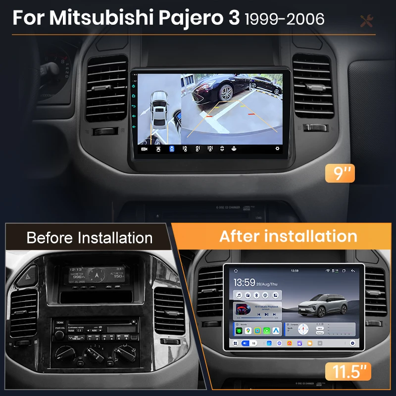 AWESAFE Radio Android de 9 pulgadas para Mitsubishi Pajero 3 V60/V68/V73 1999-2006, CarPlay inalámbrico y Android Auto, navegación GPS, soporte multimedia, control del volante, amplificador de subwoofer, cámara trasera con CAN-BUS, Plug and Play, DAB+, autoradio digital 2 DIN RDS 2