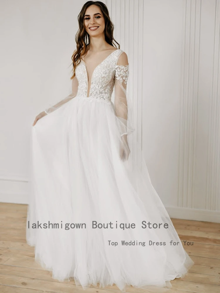 New Mariage Boho Long Sleeve Wedding Dress 2022 Plunging V neck Tulle A Line Beach Wedding Dresses Open Back Lakshmigown bridal gowns