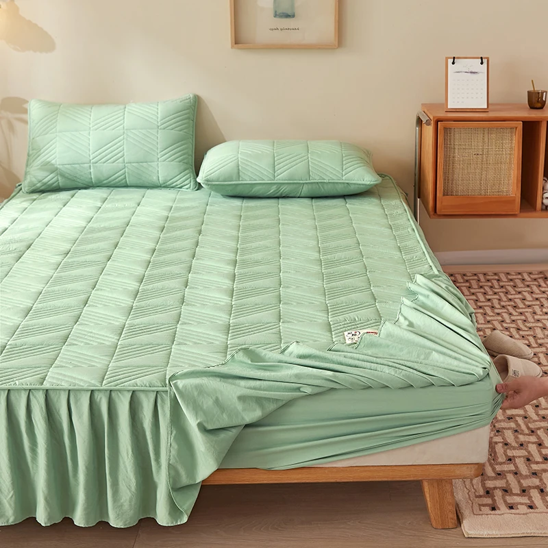 Bonenjoy 100Cotton Quilted Mattress Cover Solid Color Bed Skirt Sheet